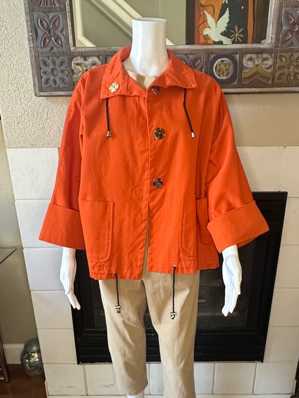 MARLA WYNNE orange Canvas Drama Jacket Small Snap Front Patch Pockets